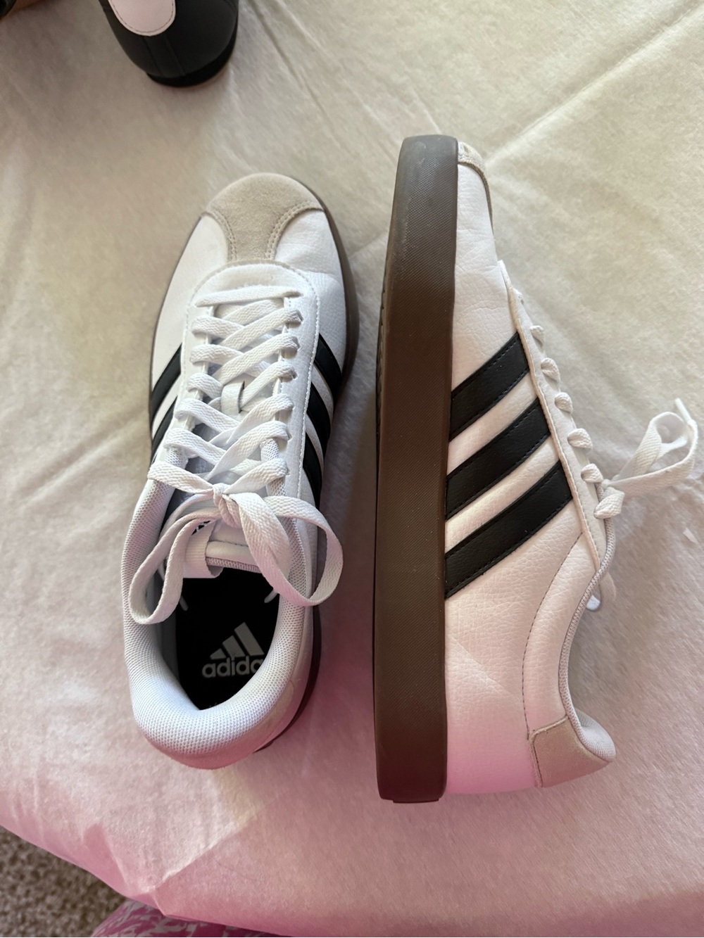 adidas White Sneakers with Black Stripes and Brown Platform